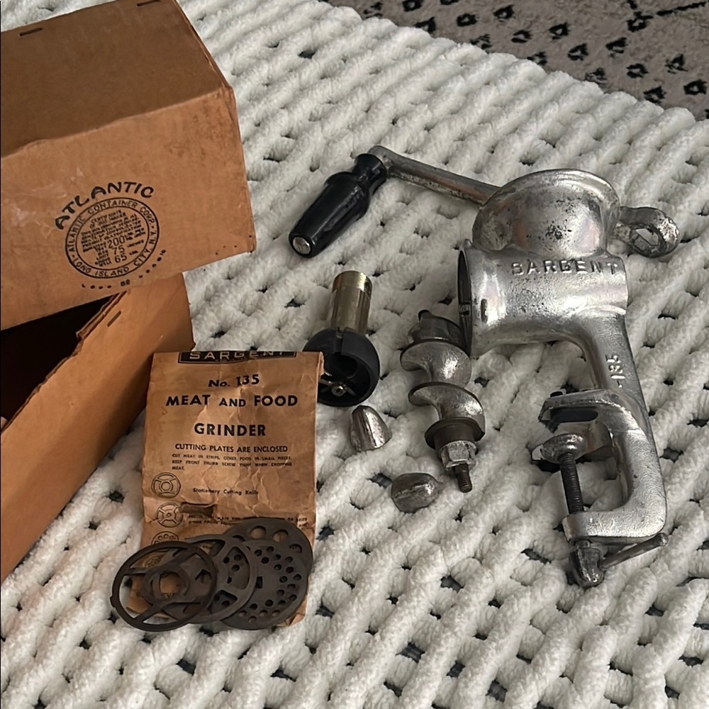 Antique, Sargent Meat and Food Grinder. All attachments contained. Original box.